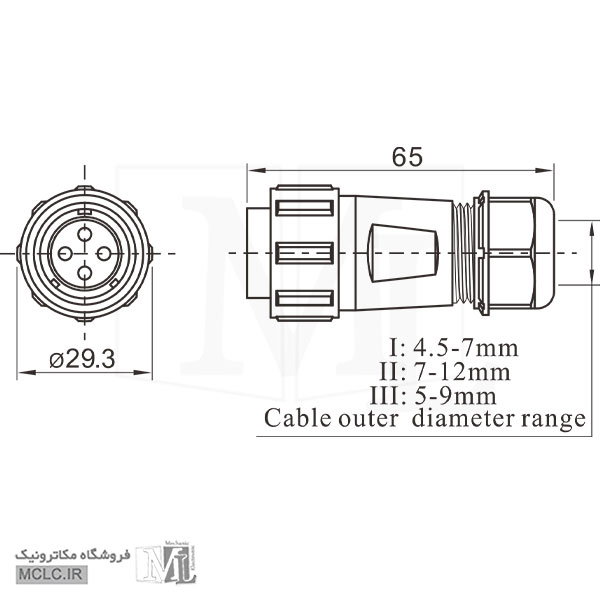 اطلاعات و اندازه کانکتور واترپروف 4 پین