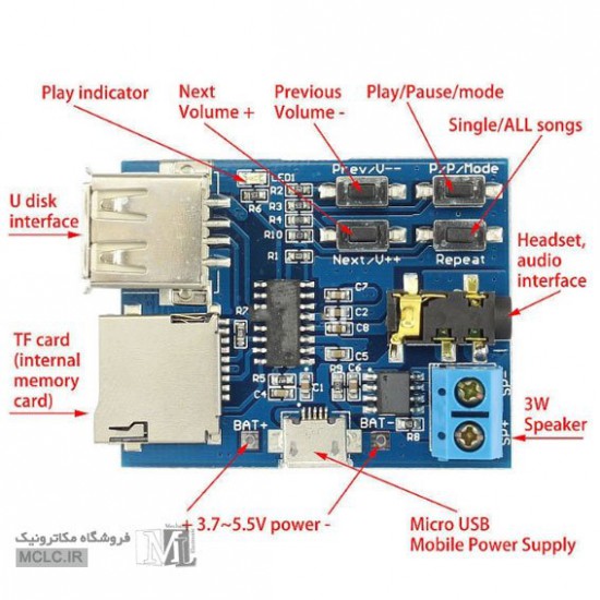 ماژول MP3 PLAYER با ورودی USB و MICRO SD ماژول الکترونیکی