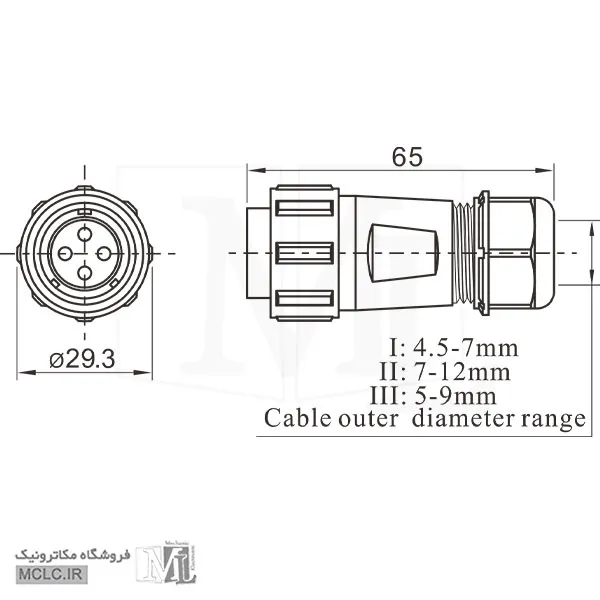 اطلاعات و اندازه کانکتور واترپروف 4 پین
