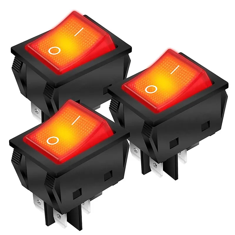 کلید راکر KCD4 30A 250V چراغ‌دار قرمز (نمای دیگر)