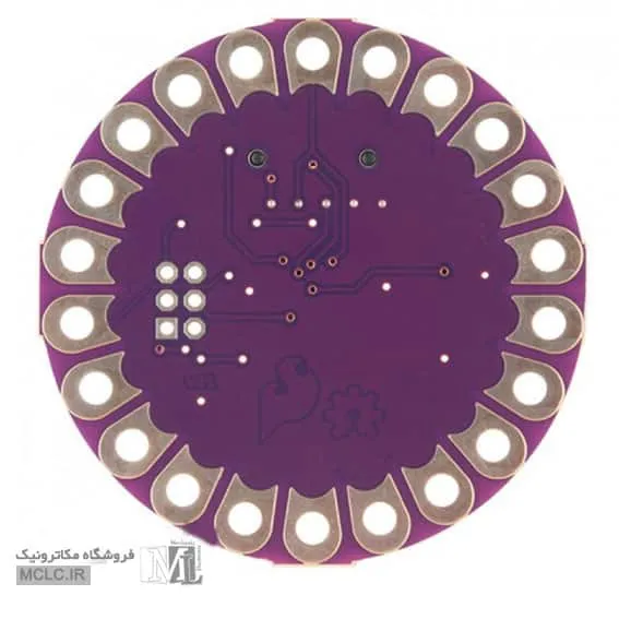 نمای زیرین برد آردوینو لی لی پد LILTPAD ATMEGA328 و نحوه اتصال