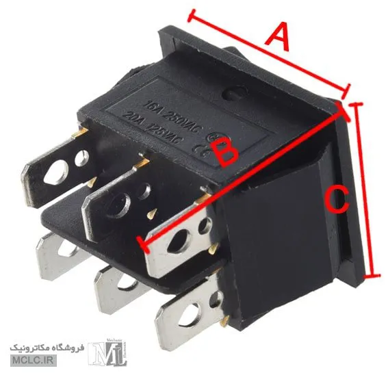 ابعاد کلید راکر بزرگ 3 حالت A :28mm B: 30mm C: 20mm