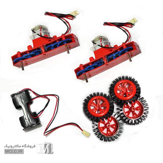 اقلام مکانیکی ربات شامل دو عدد موتور گیربکس دار و چهار عدد چرخ ربات