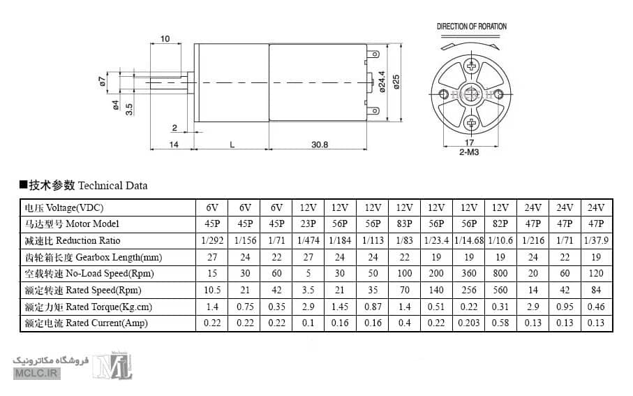 شماتیک و جدول موتور گیربکس فلزی ZGA2512V